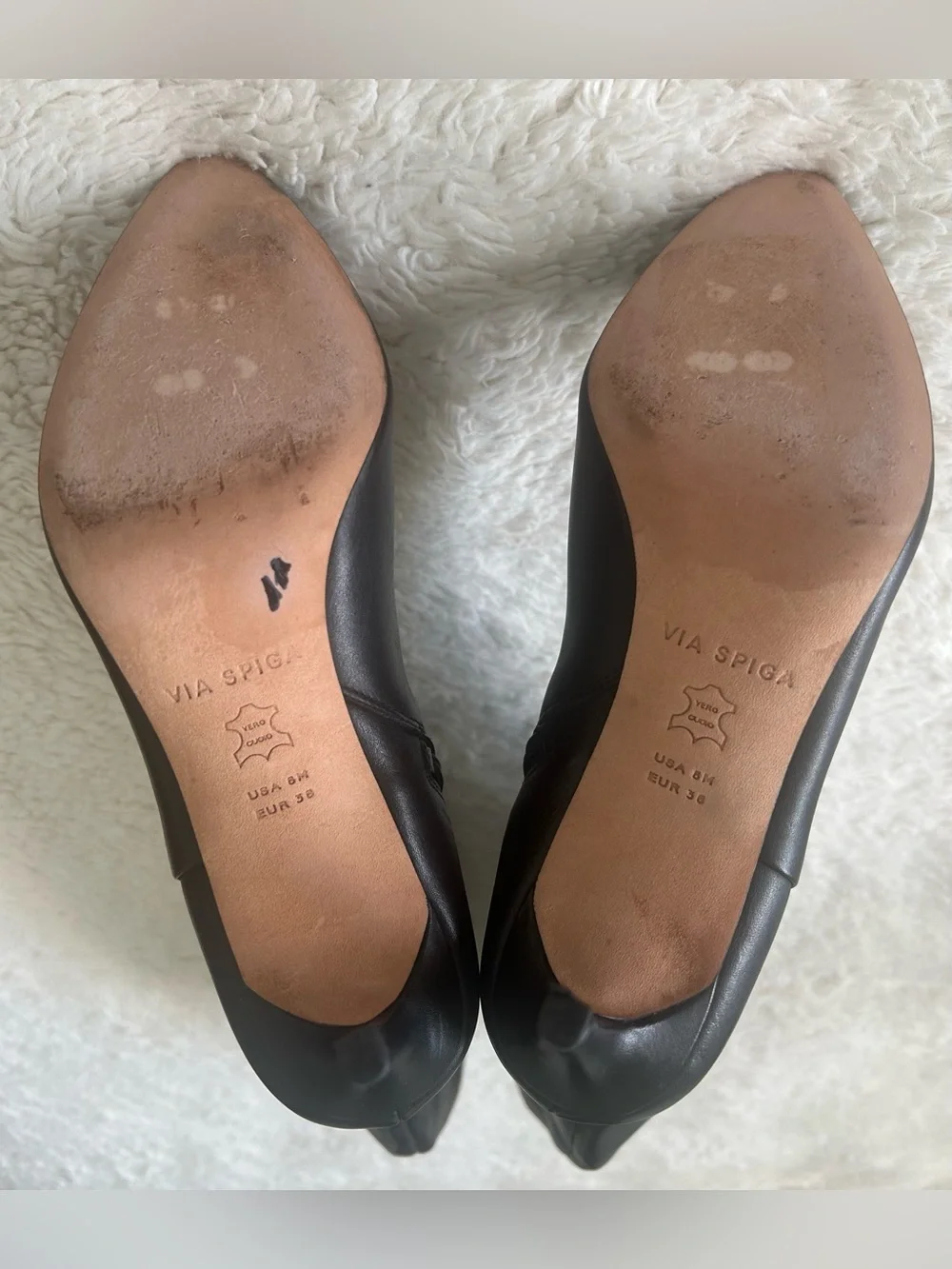 Via Spiga Dacia Almond  Toe Women's Black Leather Stiletto High Boots Size 6